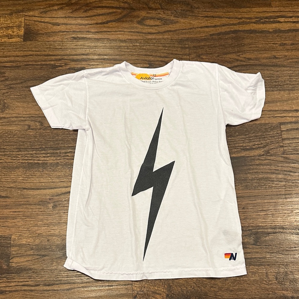 Aviator Nation White Tee with Black Lightning Graphic